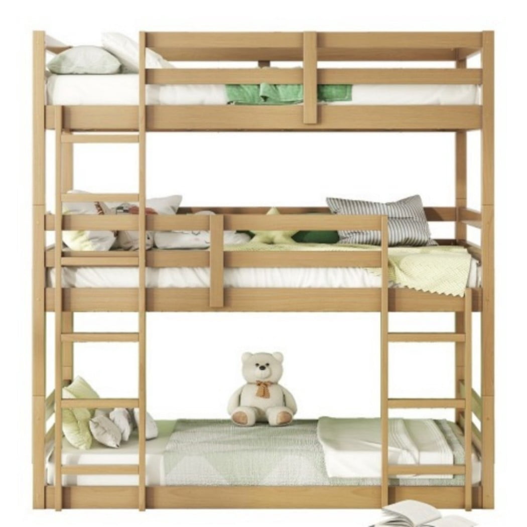Triple Twin Bunk Bed, Rubber Wood Twin Over Twin Over Twin Bunk Bed with 2 Built-In Ladders & Guardrails, Detachable 3 Twin Beds, Natural