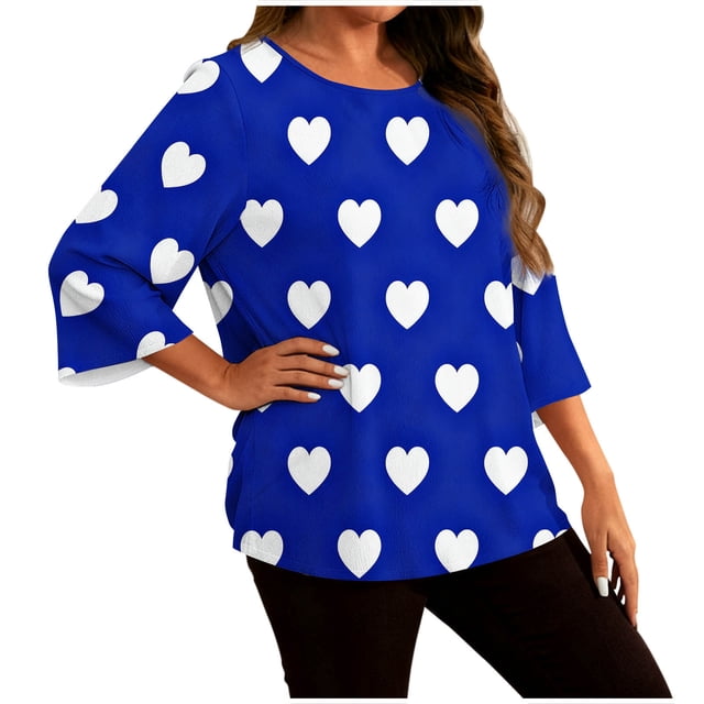 Staron T-Shirt Décontracté pour Femmes Grande Taille avec Imprimé Cœur, Manches Courtes, Col Rond, Haut Ample et Confortable, Bleu G