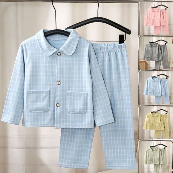 Mifsaly Pajama Sets for Girls Boys 2 Piece Plaid Long Sleeve Button Down Sleepwear and Long Pants Kids Toddler Soft Breathable Lounge Cotton Nightwear