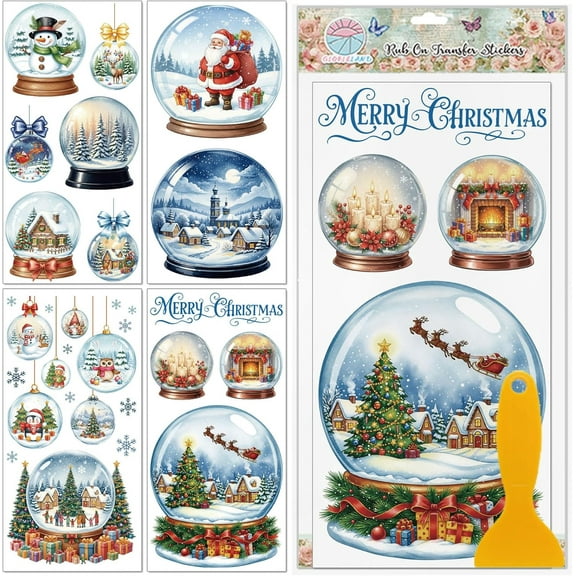 4 Sheets Christmas Ball Furniture Transfers Stickers 6x12inch Santa Claus Snowman Rub on Transfer UV Self-Adhesive Stickers Wall Art Craft for Bedroom Living Room Table Decoration