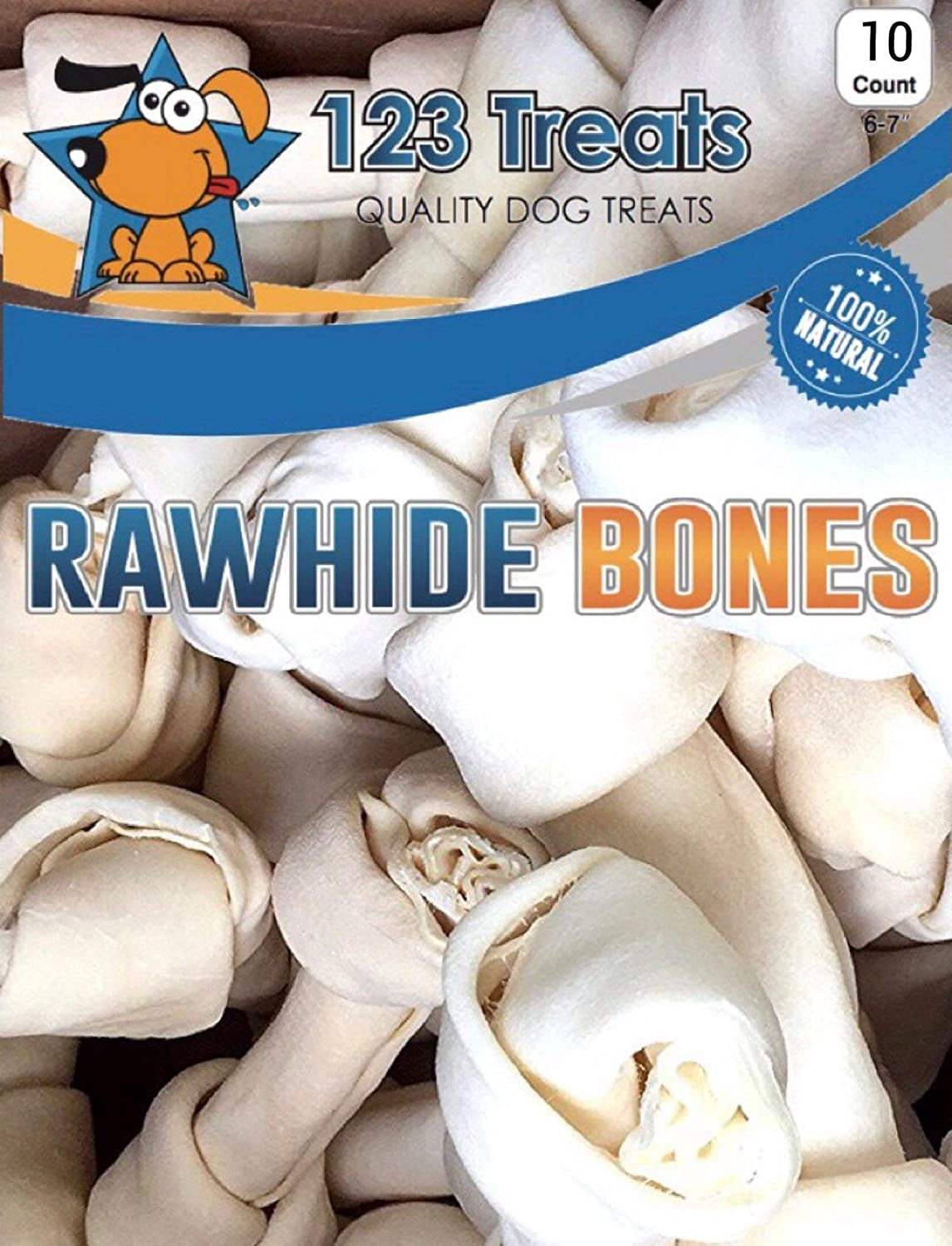 Dog Rawhide Chews Bones for Medium to Large Dogs 6-7" (10 Count) 100% Natural Premium Raw Hides Bulk Treats by 123 Treats