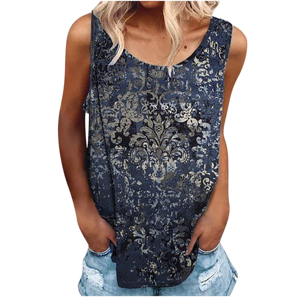 Mujeres moda sexy sin mangas flor pirnt chaleco cuello redondo impreso tops camiseta chaleco blusa tops Pompotops lopia991370