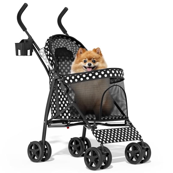 4 Wheels Pet Stroller, Easy-Fold Umbrella Shaped Dog Cat Jogger Stroller w/Storage Bag & Visible Mesh for Small/Medium Dogs Cats Black Polka Dots