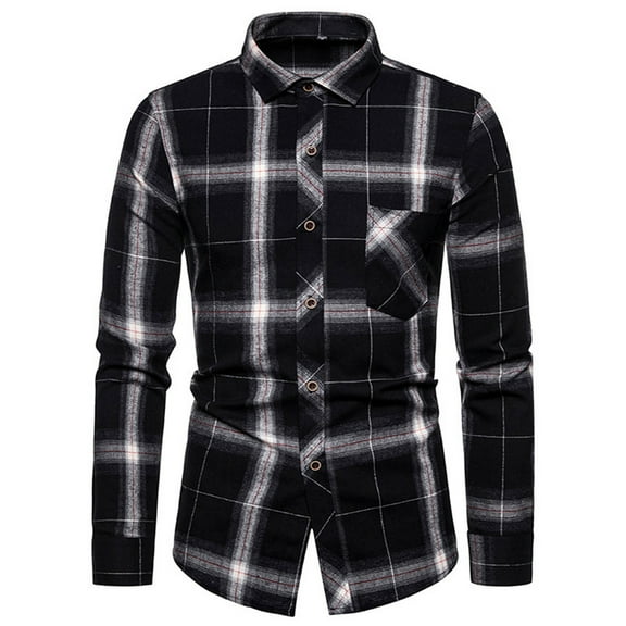 Shirts for Men Button Down Long Sleeve Flannel Plaid Shirt Jacket Fall Winter Casual Lapel Comfortable Thick Warm Regular Fit Mens Dress Shirts Black 39