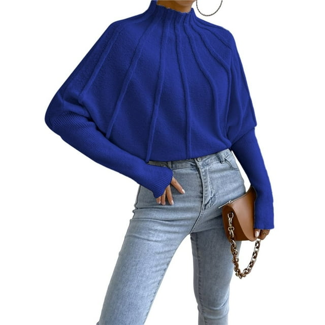 Suéteres de Punto con Mangas Murciélago y Cuello Alto para Mujer. Azul L