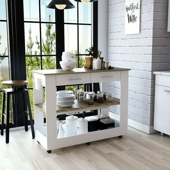 Kitchen Island 36" Tall, 6 , 2 Drawers, Open Storage Shelves, Towel Hanger, White/ Oak - Fashionable Center For Height Island, Stylish Home And Option