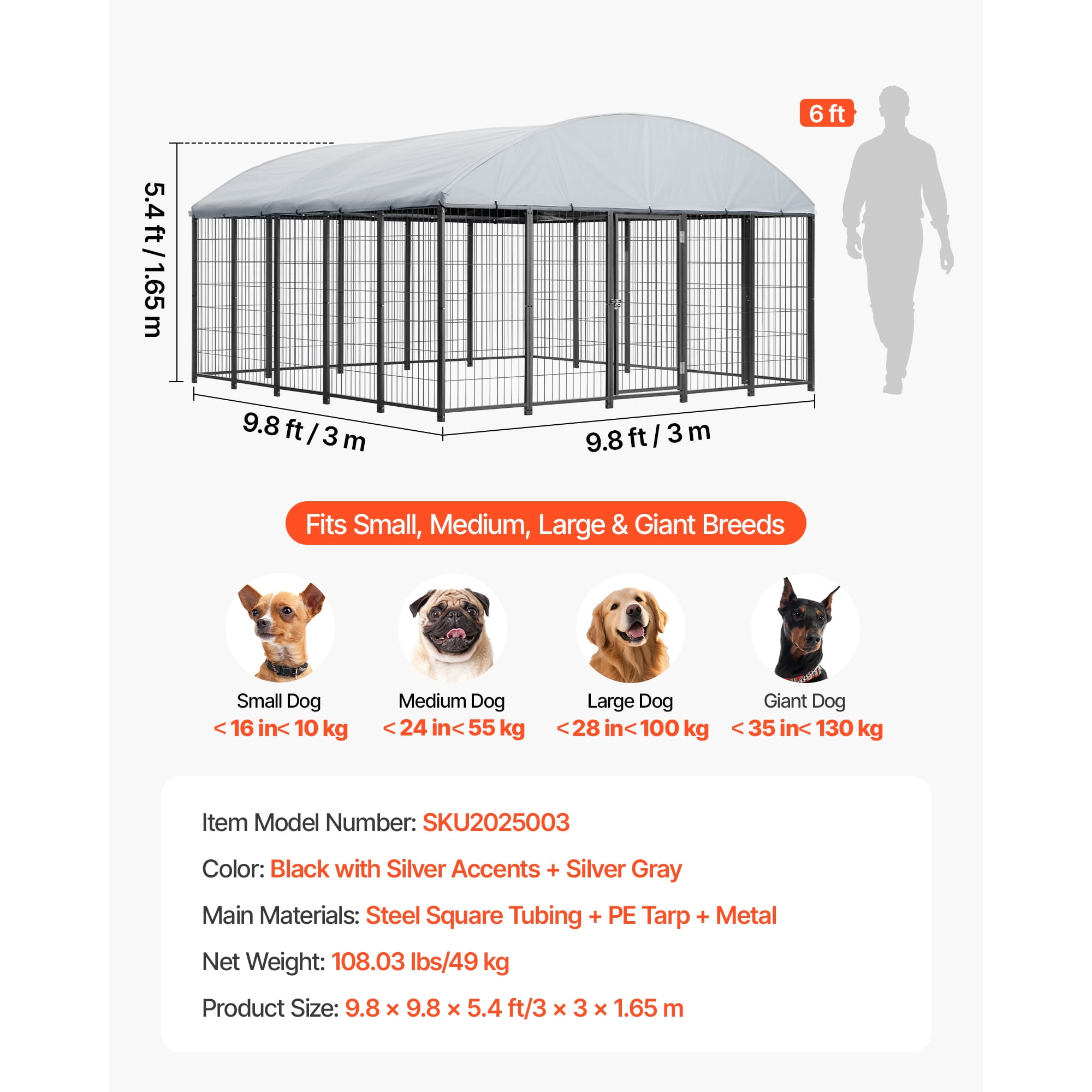 KFFKFF Outdoor Dog Kennel, 9.8 x 9.8 x 5.4 ft Spacious Pet Enclosure with Secure Lock, Durable Dog Cage with UV-Resistant and Waterproof Roof Cover, Sturdy Outdoor Run for Large Pets