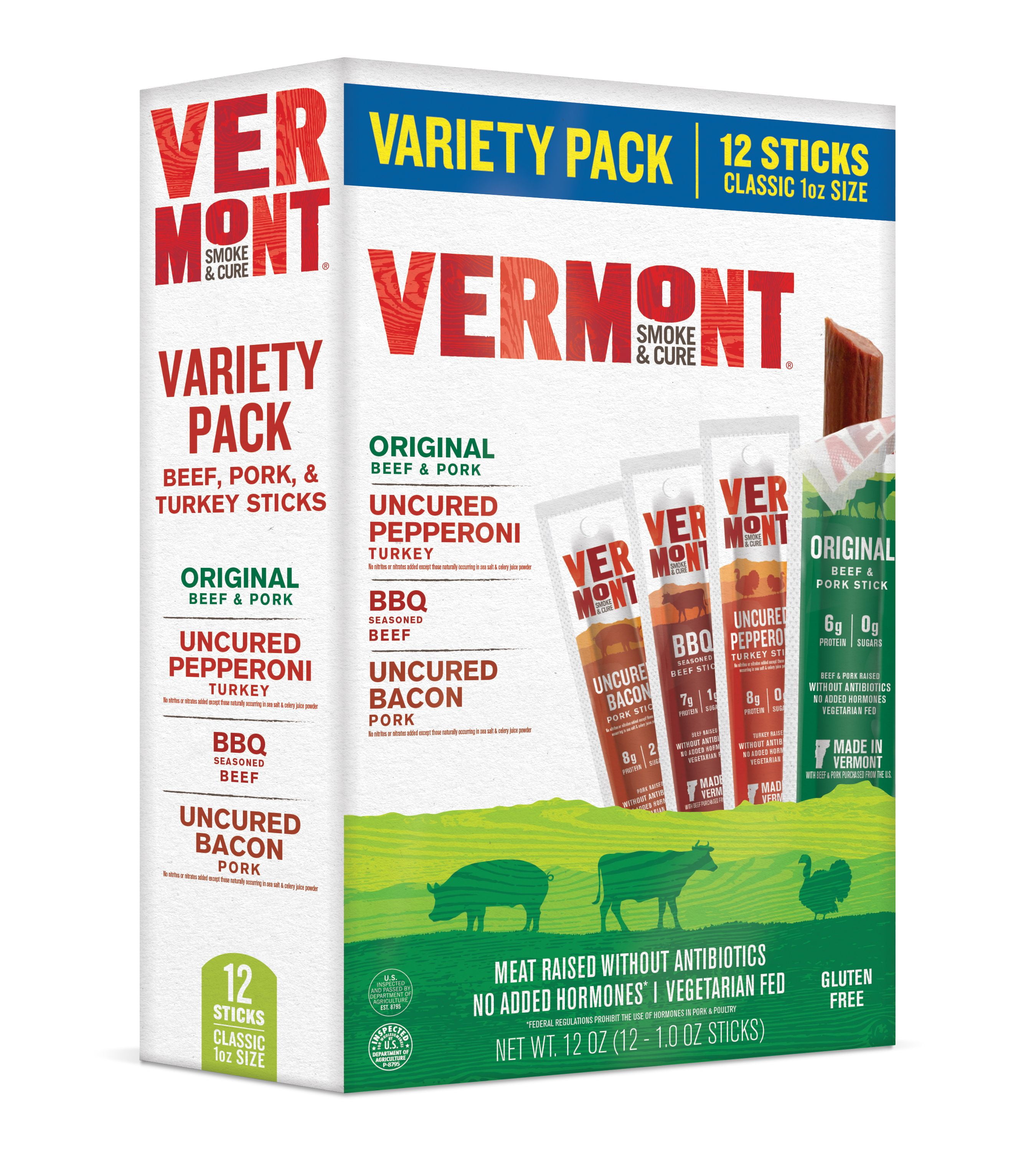 Vermont Smoke & Cure Meat Sticks, Gluten Free,Variety Pack, 1oz, 12ct