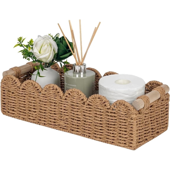 Set of Scalloped Wicker Bathroom Baskets with Handles, Decorative Toilet Tank Storage for Small Spaces, Farmhouse Organizer for Countertop or Living Room Decor