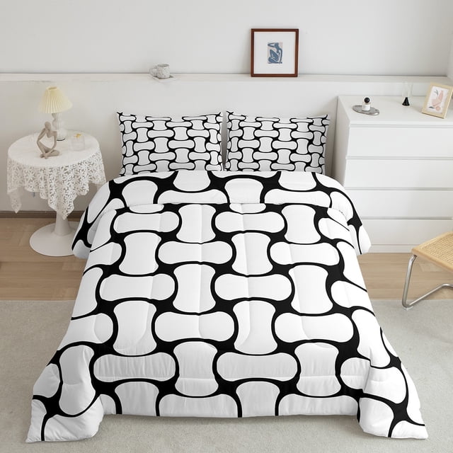 Erosebridal Modern Abstract Patchwork Bedding King Comforter Set, Abstract White Black Down Comforter Ultra Soft 3 Pieces