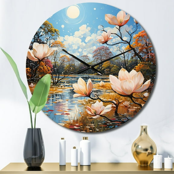 Designart "White Pcoral Magnolias landscape Pointillism Dot" Floral Oversized Wall Clock