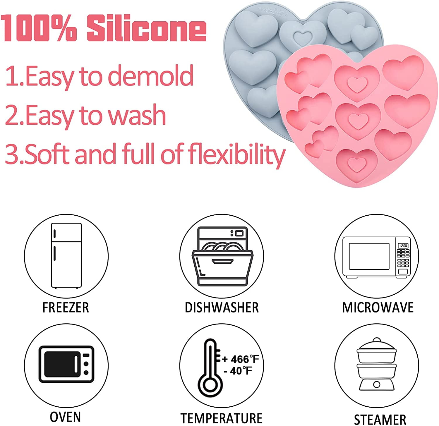 Silicone Heart Mold, 2 Pcs 9-Cavity Small Heart-Shaped Chocolate Molds for  Candy, Gummy, Ice Cubes, Pudding, Baking, Gelatine and Cake Decorating