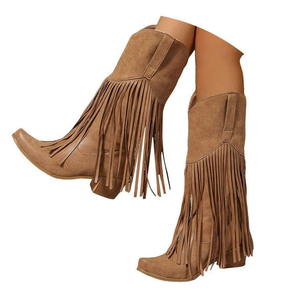 YLYL Women Fringe Tassel Knee High Boots Snip Toe Chunky Heels Pull on Cowboy Cowgirl Western Boots