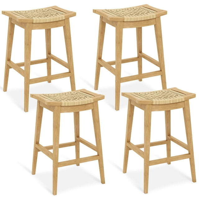 Costway 4 PCS 29" Teak Wood Bar Stool with Footrest & Saddle Seat Boho Bar Height Stool