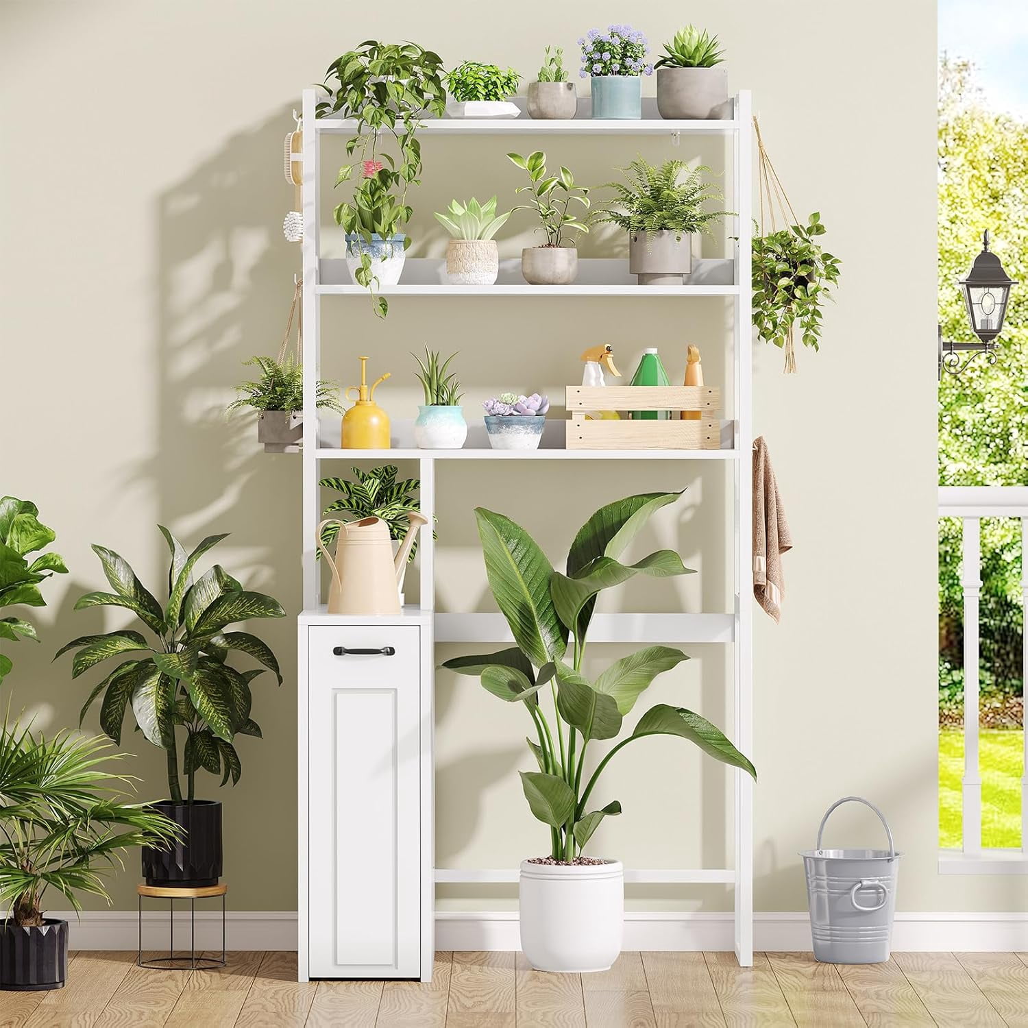 Weiplehoom Over the Toilet Storage Cabinet with Wheeled Drawer Trolley & 3-tier Open Shelves, Bathroom Organizer with 6 Hooks, Storage Rack for Restroom, Bathroom, Laundry, Plant Stand, White