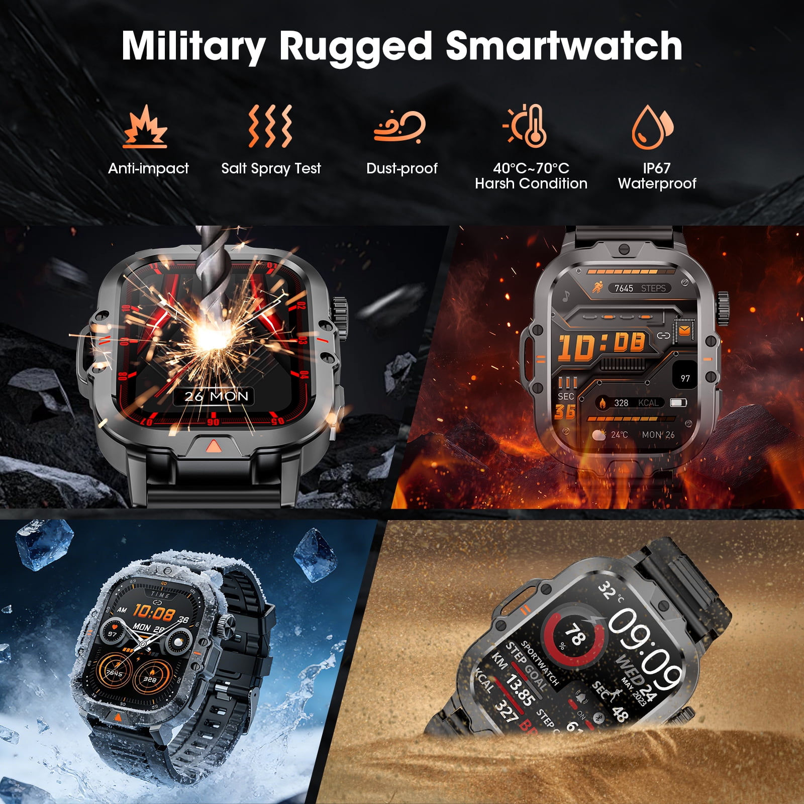 Smartwatch for Men with Fitness Tracker, 2.01-inch Answer/Make Calls/100+ Sport Modes, IP68 Waterproof, men's Military Smartwatch compatible with Android IPhone Devices (Black)