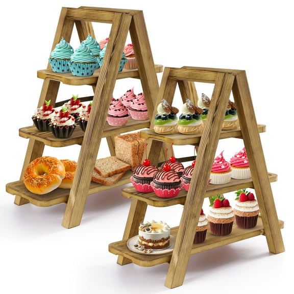 TYUIOP 2Pcs Wood 3 Tier Serving Tray Three Tiered Serving Stand, Rectangle Serving Platter Wooden Farmhouse Tiered Tray, Party Serving Brown decorative tray tray decor.