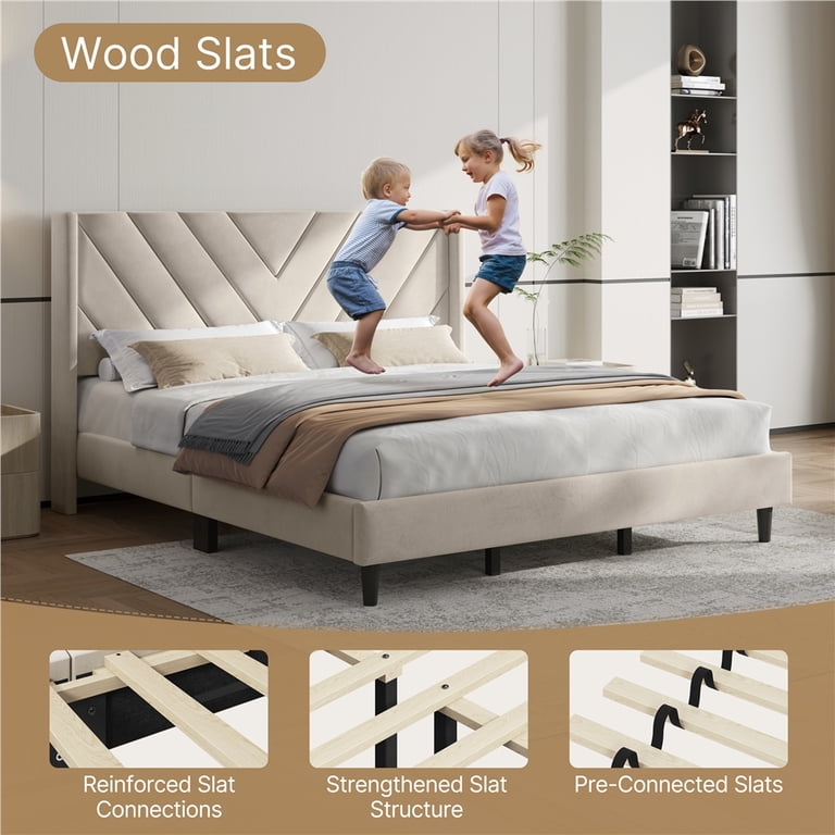 Yaheetech King Upholstered Platform Bed, Beige photo 6