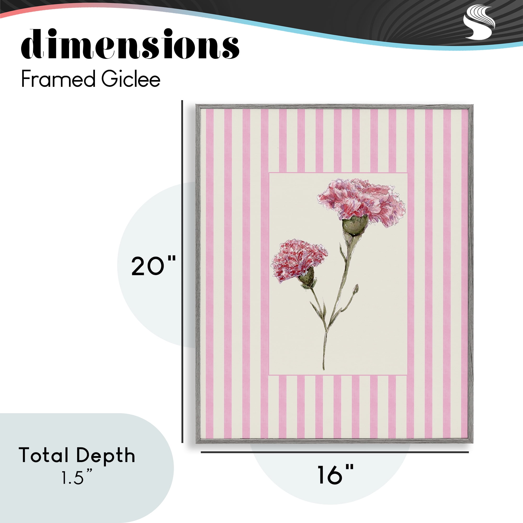 Pink Stripe Carnation Gray Framed Giclee Art, design by Lisa Wehmeyer