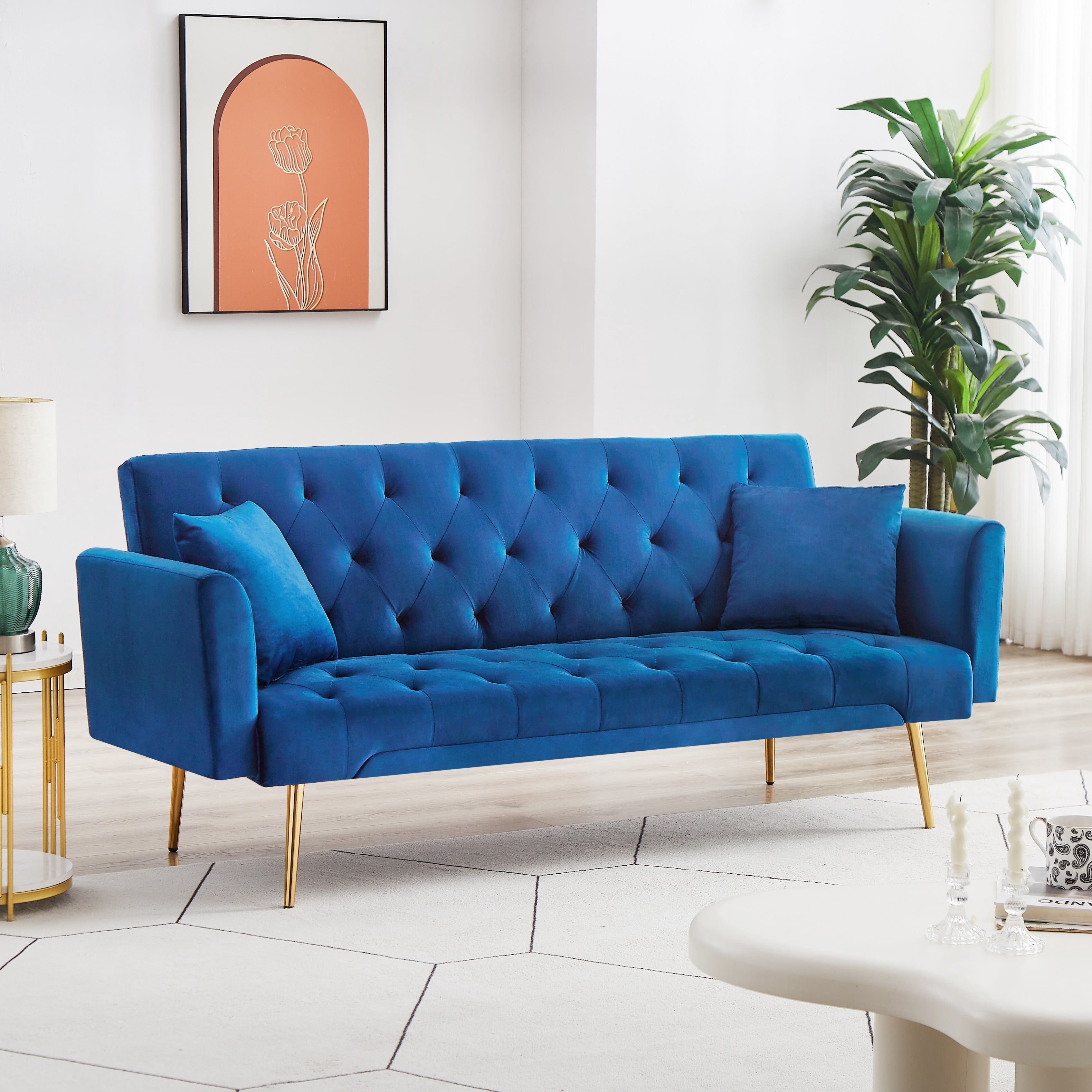71 Inches Velvet Futon Sofa Bed with 2 Pillows,Modern Convertible Futon Couch with Adjustable Backrest,Blue