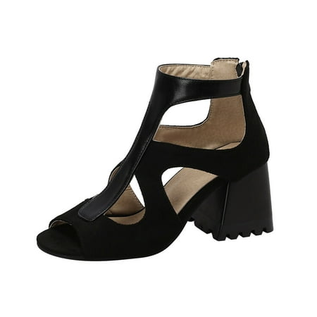 

LIANGP Women s Sandals Ladies Fashion Flock Leather Stitching Hollowed Fishmouth Thick High Heeled Back Zippered Roman Sandals Women s Shoes Black Size 9