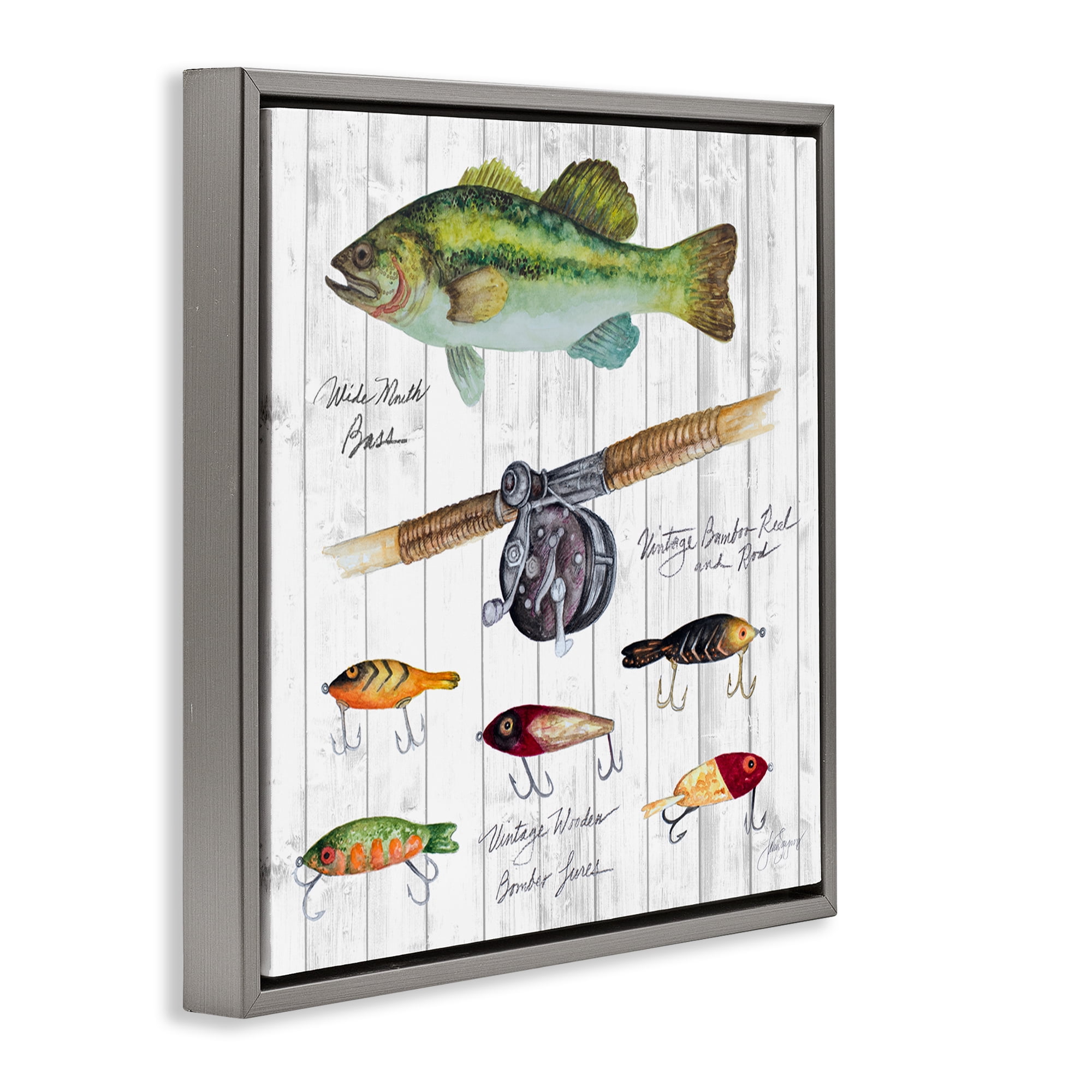 Stupell Industries Fishing Lure Diagram Nautical & Beach Painting Gray Floater Framed Canvas Art Print Wall Art, 25 x 25