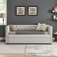 thumbnail image 3 of Full Size Daybed with Trundle,Upholstered Fabric Button Tufted Wood Bed Frame/Sofa Bed with Roll-Out Trundle and Copper Nailed Square Arms,for Bedroom Living Room Guest Room,Mattress Not Included, 3 of 7