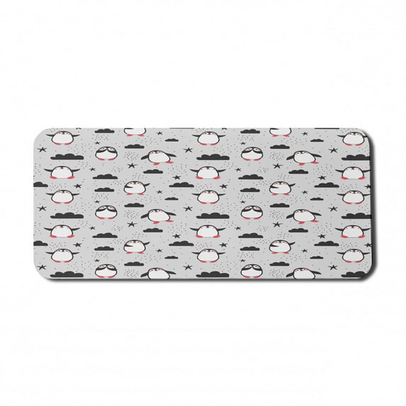 Cartoon Computer Mouse Pad, Funny Penguins in Love Joyful Arctic Animals Stars Clouds Doodle, Rectangle Non-Slip Rubber Mousepad X-Large, 35" x 15" Gaming Size, Dark Blue Grey and Black, by Ambesonne