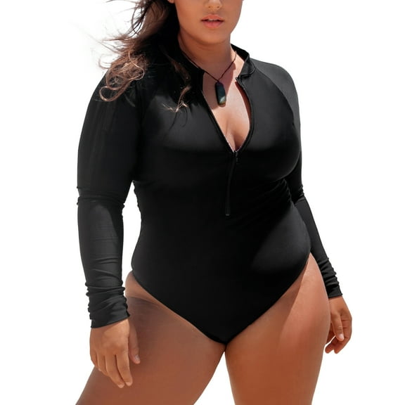 RELLECIGA Women's Black Rash Guard Long Sleeve Women Swimwear Deep V-Neck Slimming Surfing Zipper One Piece Swimsuit Sexy Monokini One piece Bathing Suits Size L