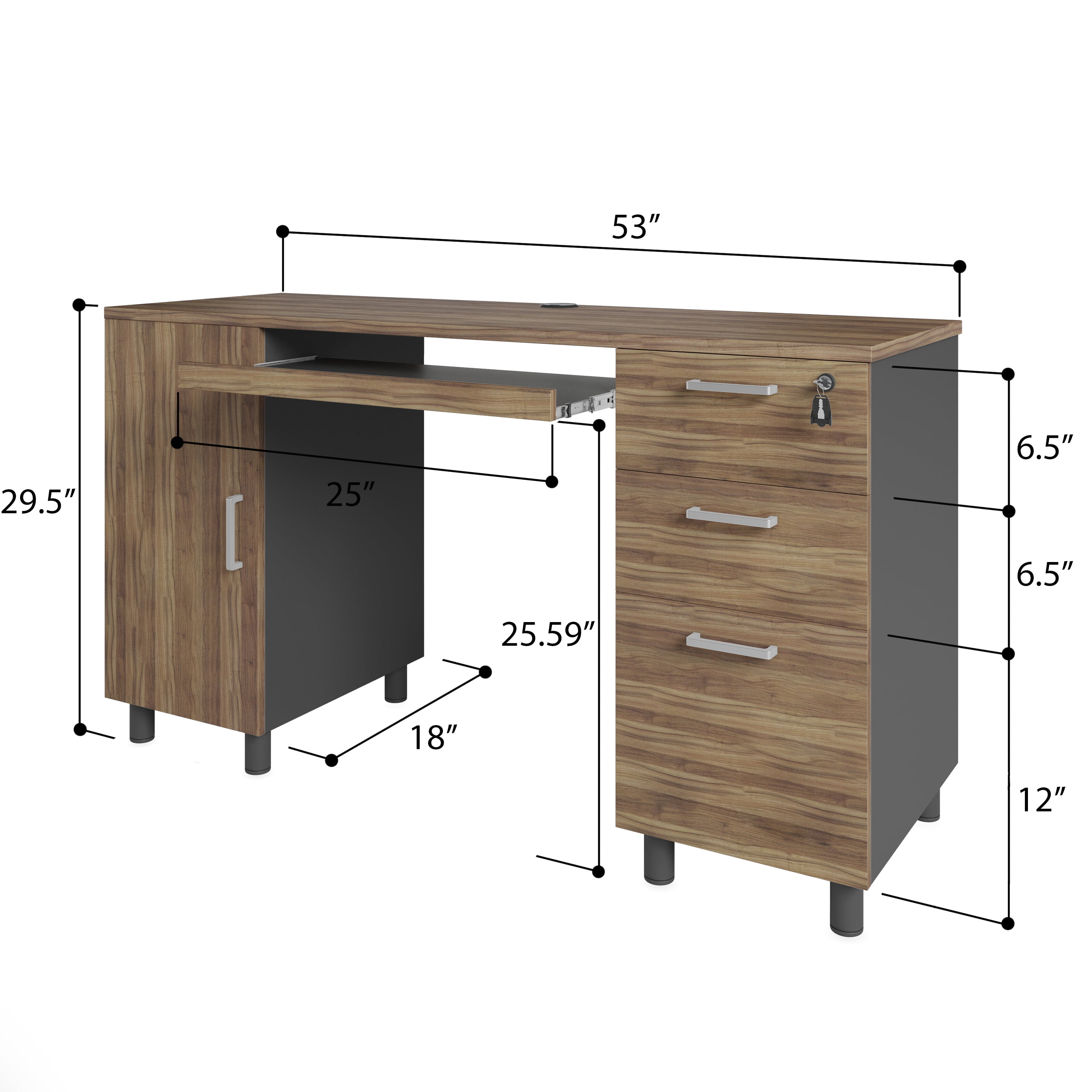 Modern Design Venice Computer Desk Great for Home Office Desk by Crafts and Comfort - 3 Drawers and CPU Storage Cabinet - Laptop Workstation with Keyboard Tray and Cable Hole - Walnut / Black