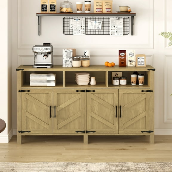 YIYADO Buffet Sideboard with Storage with Power Outlets and LED Lights 4 Doors, 59 Inch Large Farmhouse Kitchen Storage Cabinet, Wood Coffee Bar Cabinet, Brown