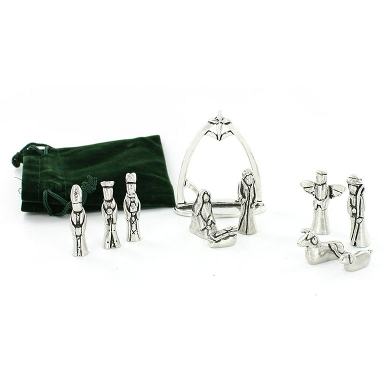 Nativity Set with Chreche Mini Pewter Figurine 11 Pc Set with