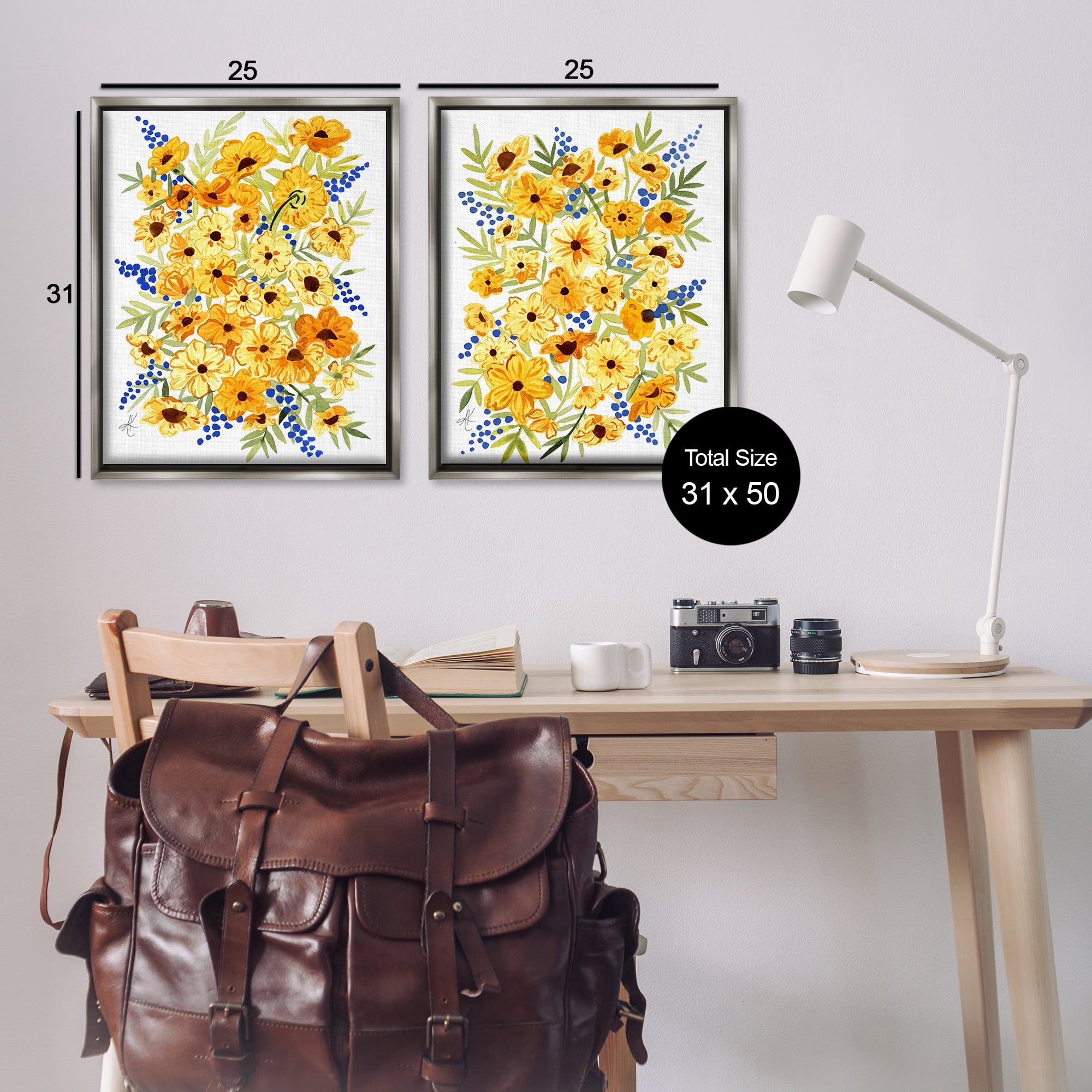 Stupell Industries Golden Cosmos with Blue Berries Plants & Flowers Painting Gray Floater Framed Canvas Art Print Wall Art, 31 x 25, Set of 2