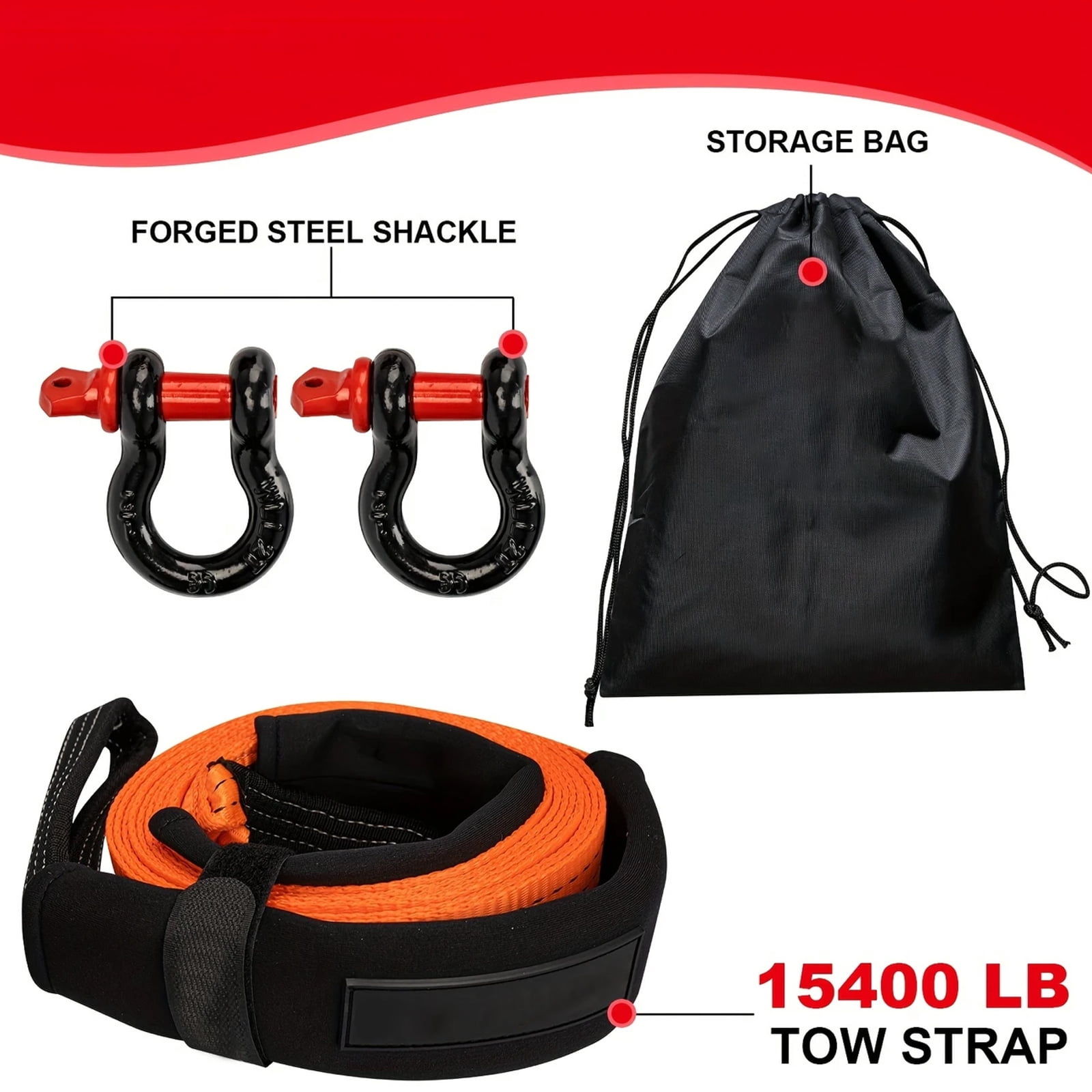 Tow Straps Heavy Duty with Hooks,2" X 20 Ft 15400 Lb Recovery Rope with 2 D Ring Shackles,Tree Saver Winch Strap  for Hoist,Towing,Moving,And Winch (Orange)