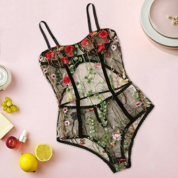 BOOMILK Bodysuits for Women Lingerie Hollow Bodysuit Floral Embroidered Backless Jumpsuit Sleepwear
