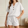 thumbnail image 4 of ZyeKqe Womens Summer Sets Button V Neck Short Sleeve Shirts Drawstring Elastic Waist Shorts Casual 2 Piece Workout Sets, 4 of 7