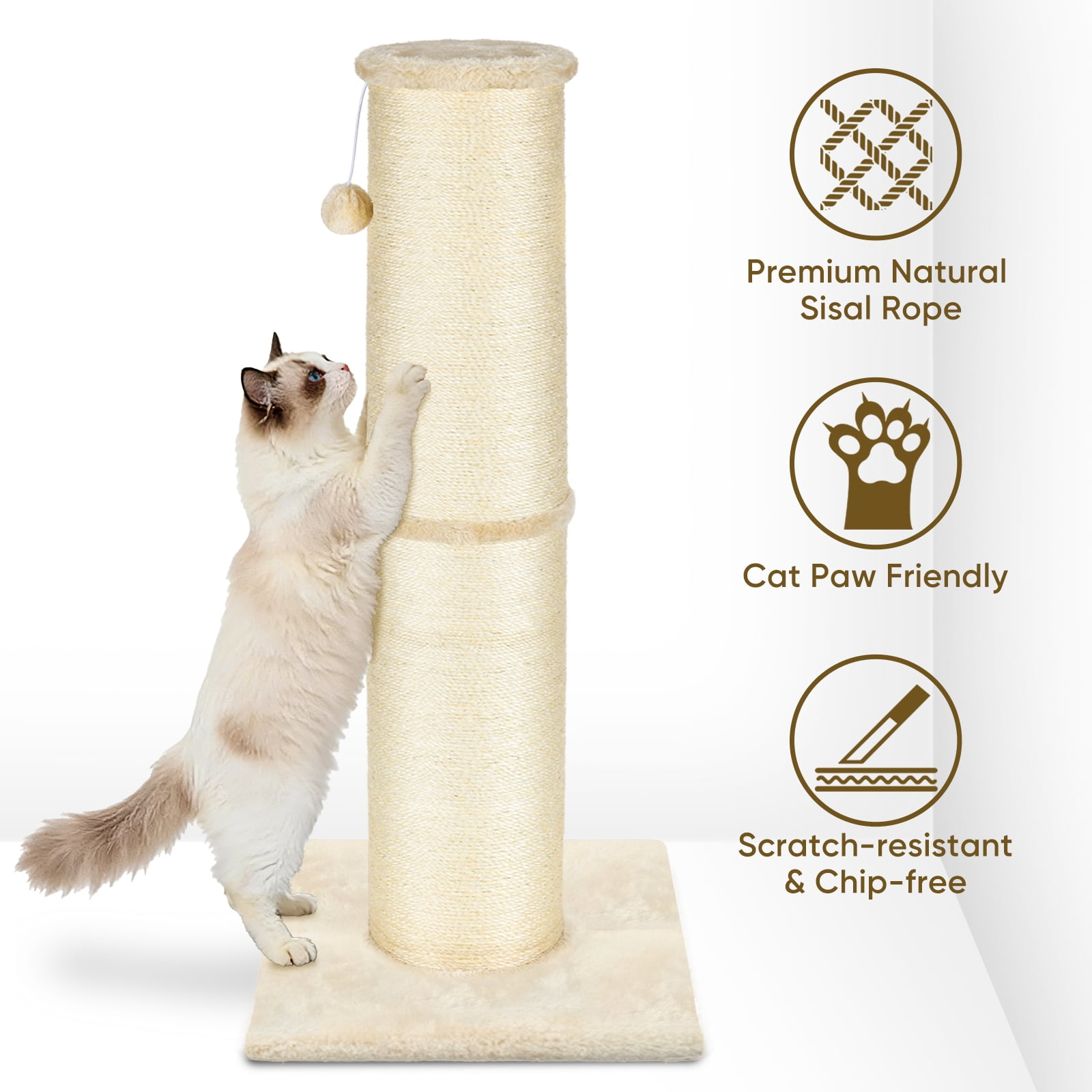 PAWSCRAT Cat Scratching Post 32 Inch High, 5.5 Inch Large Diameter Natural Sisal Cat Scratch Post,Protect Your Furniture, Scratch-Resistant and Durable Tall Cat Scratcher for Indoor Cats, Beige