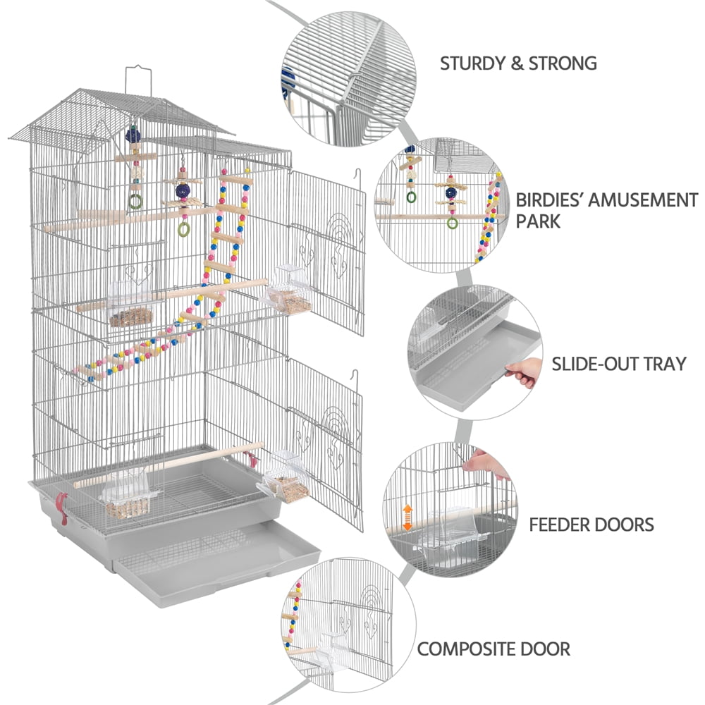 Alden Design 39"H Metal Large Roof Top Parrot Cage with Perches and Toys, Light Gray