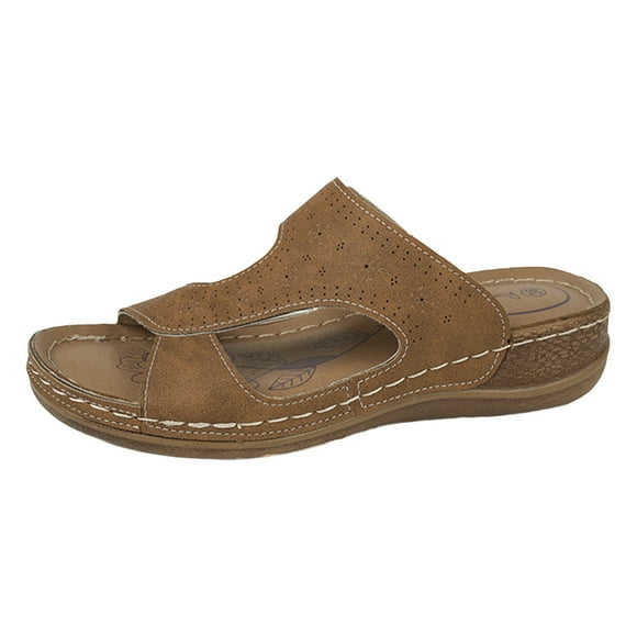 Bmisegm Ladies Summer Solid Colour Flowers Hollow Breathable Slope with Thick Bottom Large Size Sandals Slippers Sandals Women Summer Brown 8