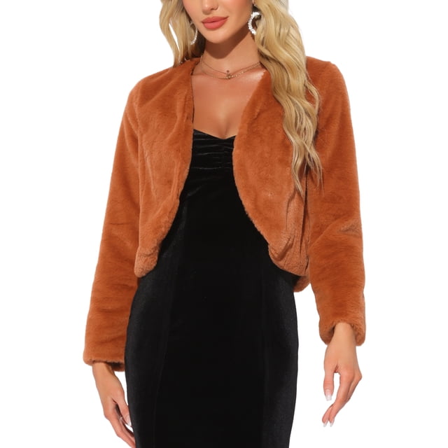 CHAQUETA CORTA ABIERTA INSPIRADA EN CHIC PARA MUJER, BOLERO DE FALSO PIEL DE MANGA LARGA, ABRIGO DE INVIERNO XL CARAMELO