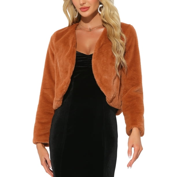 CHAQUETA CORTA ABIERTA INSPIRADA EN CHIC PARA MUJER, BOLERO DE FALSO PIEL DE MANGA LARGA, ABRIGO DE INVIERNO XL CARAMELO