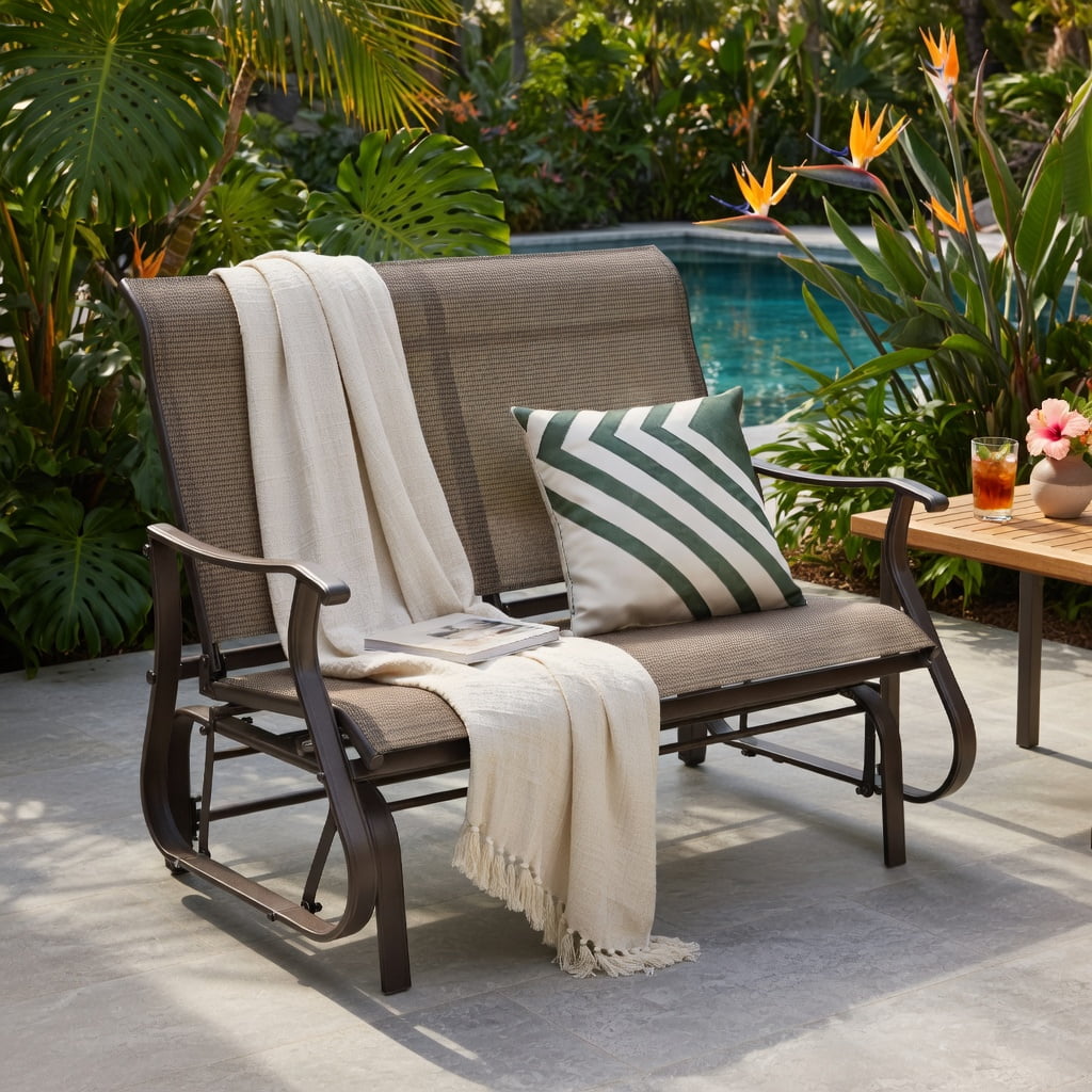 Hommoo 2-Person Steel Patio Glider Bench with High Back Support, Curved Ergonomic Armrests & Smooth Rocking Motion for Porch, Backyard, Garden, Brown
