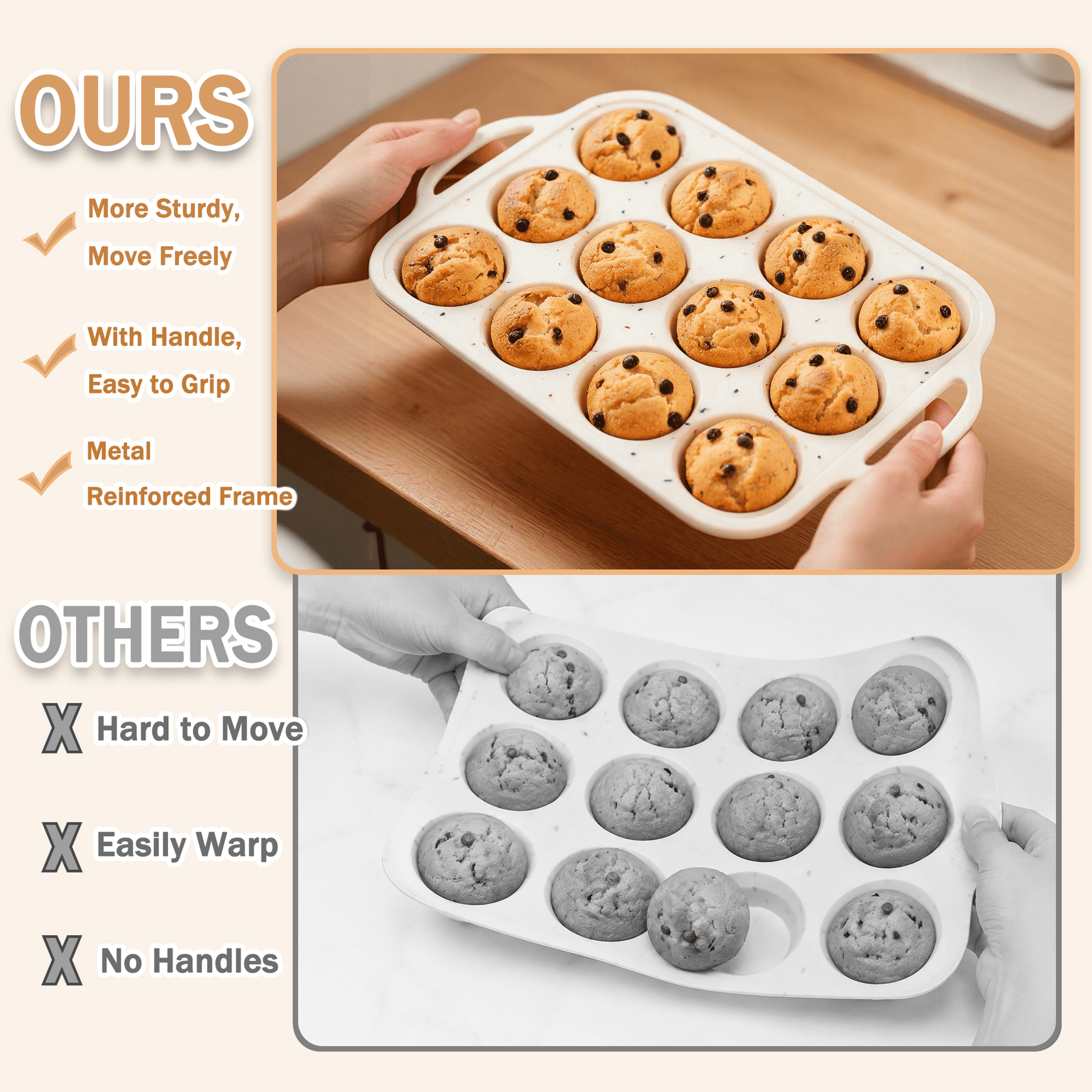 12 Cup Silicone Muffin Pan with Dual Handles, Mini Muffin Pan Non Stick Metal Frame Cupcake Baking Tray, Oven Microwave Freezer Dishwasher Safe Baking Mold for Mini Muffins Cupcakes Pastries