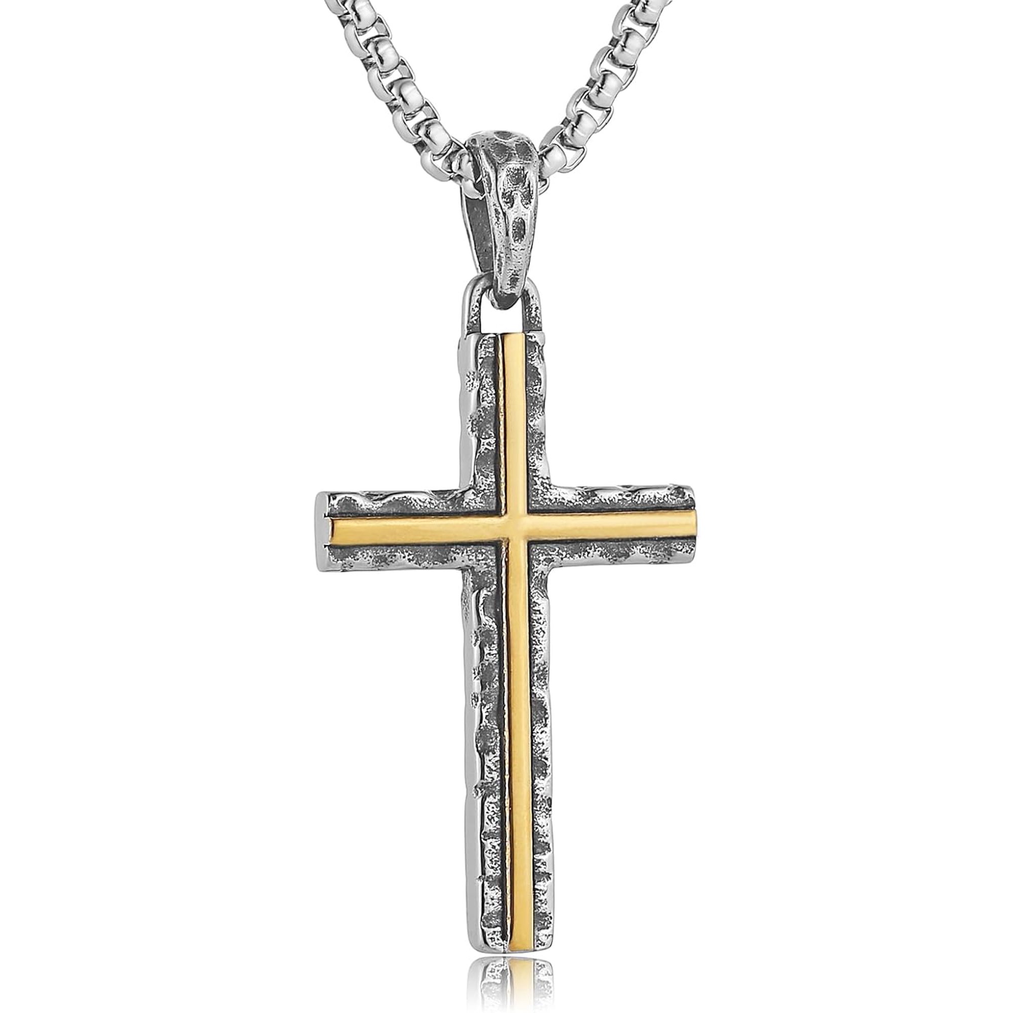 Stainless Steel Two-Tone Cross Pendant Necklace for Men Women - Vintage Distressed Silver & Gold Religious Jewelry Charm with Box Chain, Ideal Gift for Christians
