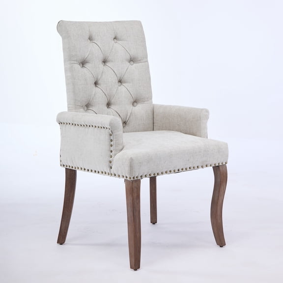 Upholstered Chenille Fabric Accent Dining Chair, Curved Solid Wood Legs, Dining Chairs with Arms & Nailhead Trim, Elegant Tufted Club, Modern Farmhouse Dining Room, for Dining, Kitchen & Living Room