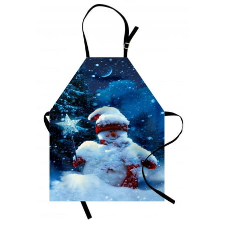 Navy Blue Apron (Christmas Apron Snowman with Magic Wand and Fir Branches Covered with Snow Winter Night, Unisex Kitchen Bib Apron with Adjustable Neck for Cooking Baking Gardening, Navy Blue Red White, by)