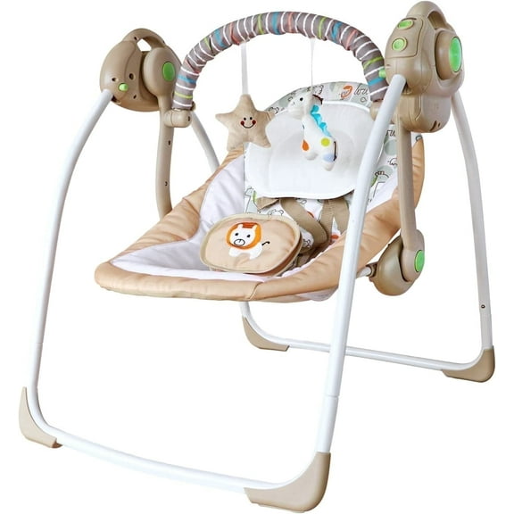 Vikua Portable Foldable Electric Baby Swing for Infants 0-9 Months, 6 Adjustable Speeds & Soothing Music, Newborn Swing Chair, Khaki