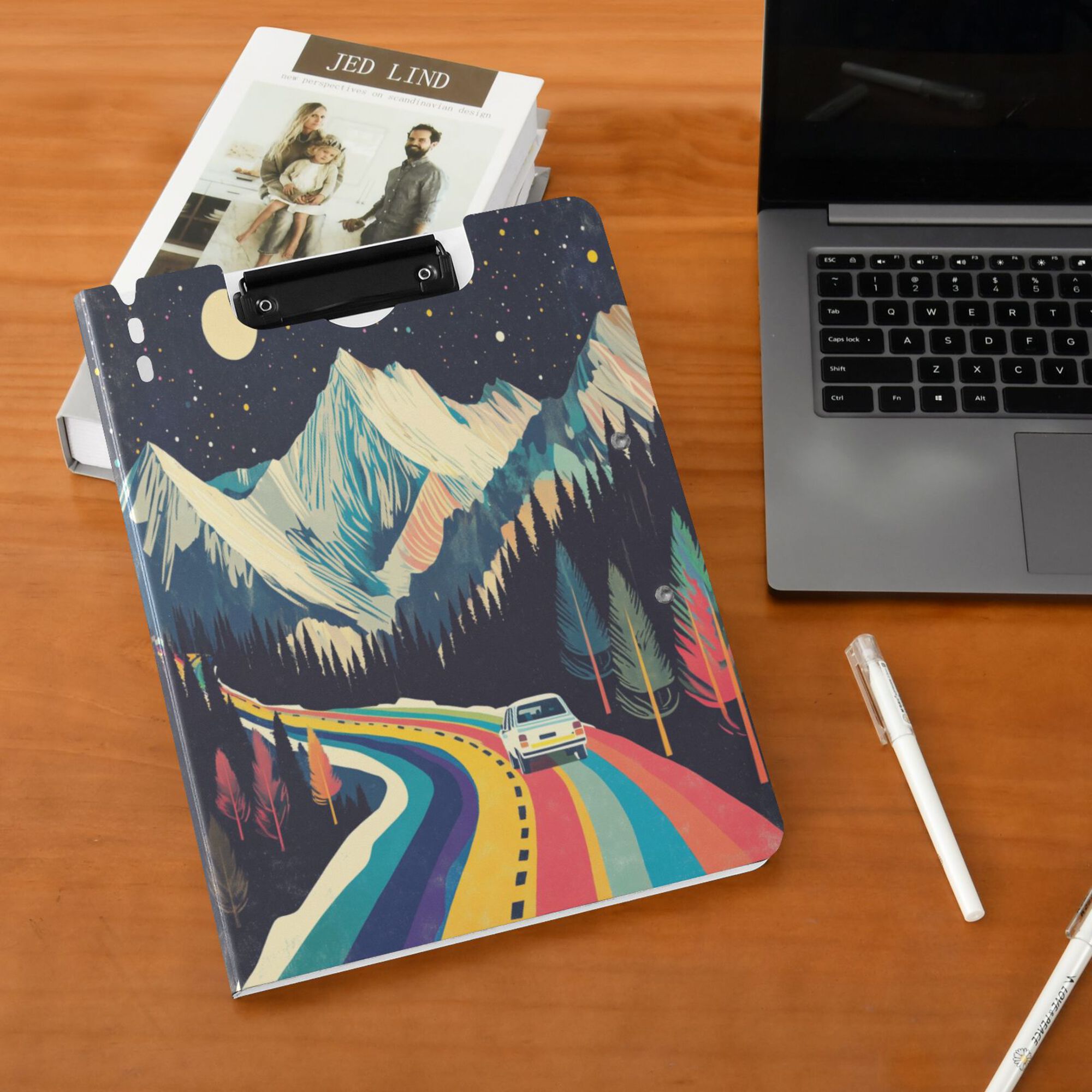 FORMRS A4 Clipboard Folder with Pen Holder Horizontal Foldable School Office Binder, Evening Mountain Road