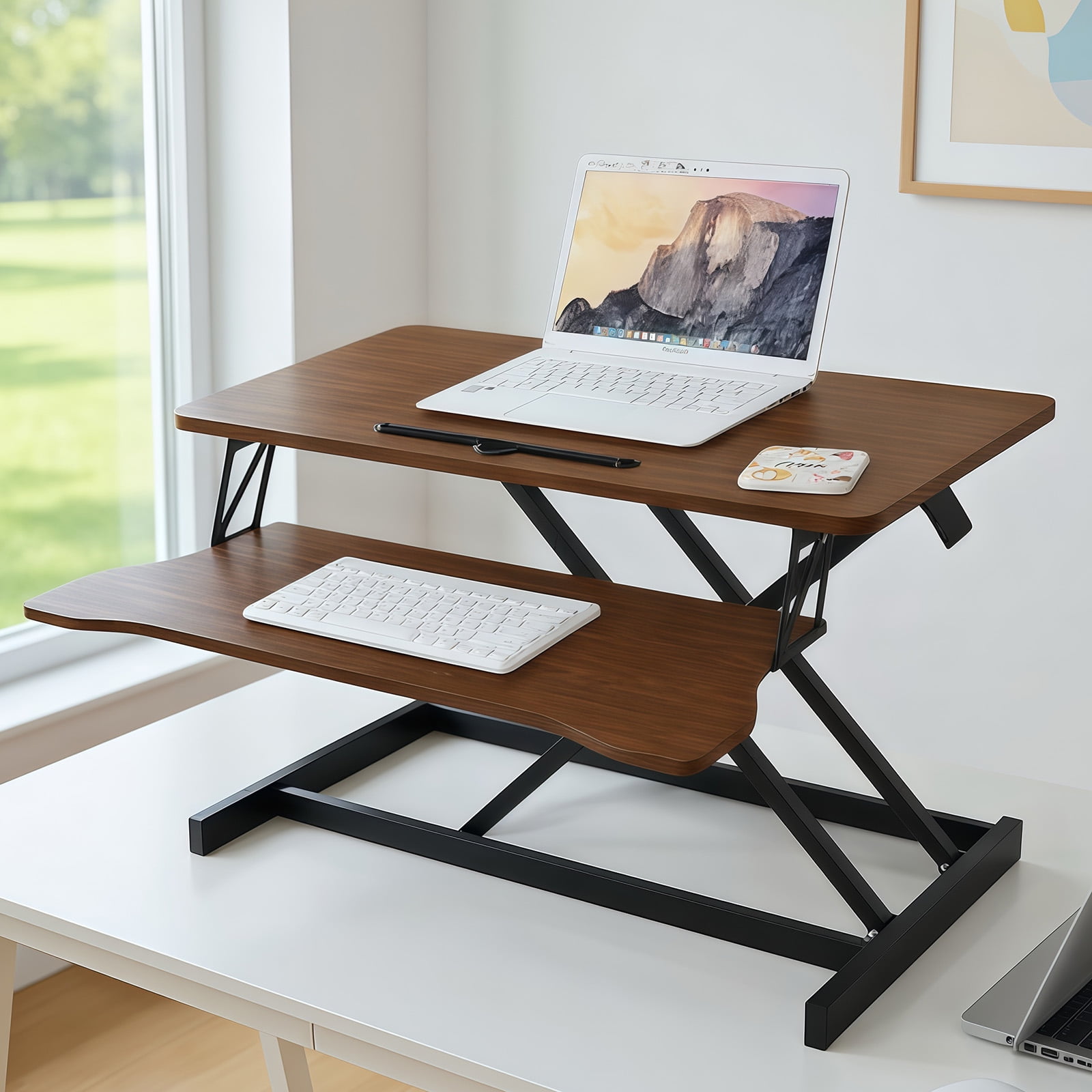 Standing Desk Converter, 32 Inch Standing Desk Adjustable Height for Table Tops and Home Office, Desk Riser Computer Workstation with Wide Keyboard Tray 2-Tier Desktop, Walnut Color