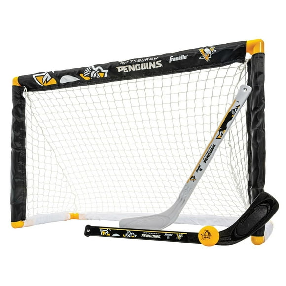 Franklin Sports NHL Penguins Mini Hockey Set - Kids Indoor Knee Hockey Goal, Ball, 2 Mini Hockey Stick Combo Set